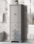 Grey 68-inch bathroom linen cabinet with sleek double doors and four drawers, styled in a marble-wall bathroom beside a modern toilet and vanity.