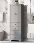 Grey 68-inch bathroom linen cabinet with sleek double doors and four drawers, styled in a marble-wall bathroom beside a modern toilet and vanity.