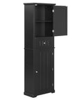 Norrin 67.3" Black Tall Narrow Bathroom Storage Cabinet with open upper cabinet door.