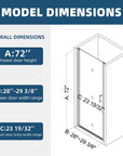 Model dimensions diagram of 28-29 3/8 inch wide and 72 inch high pivot shower door | Ace Decor