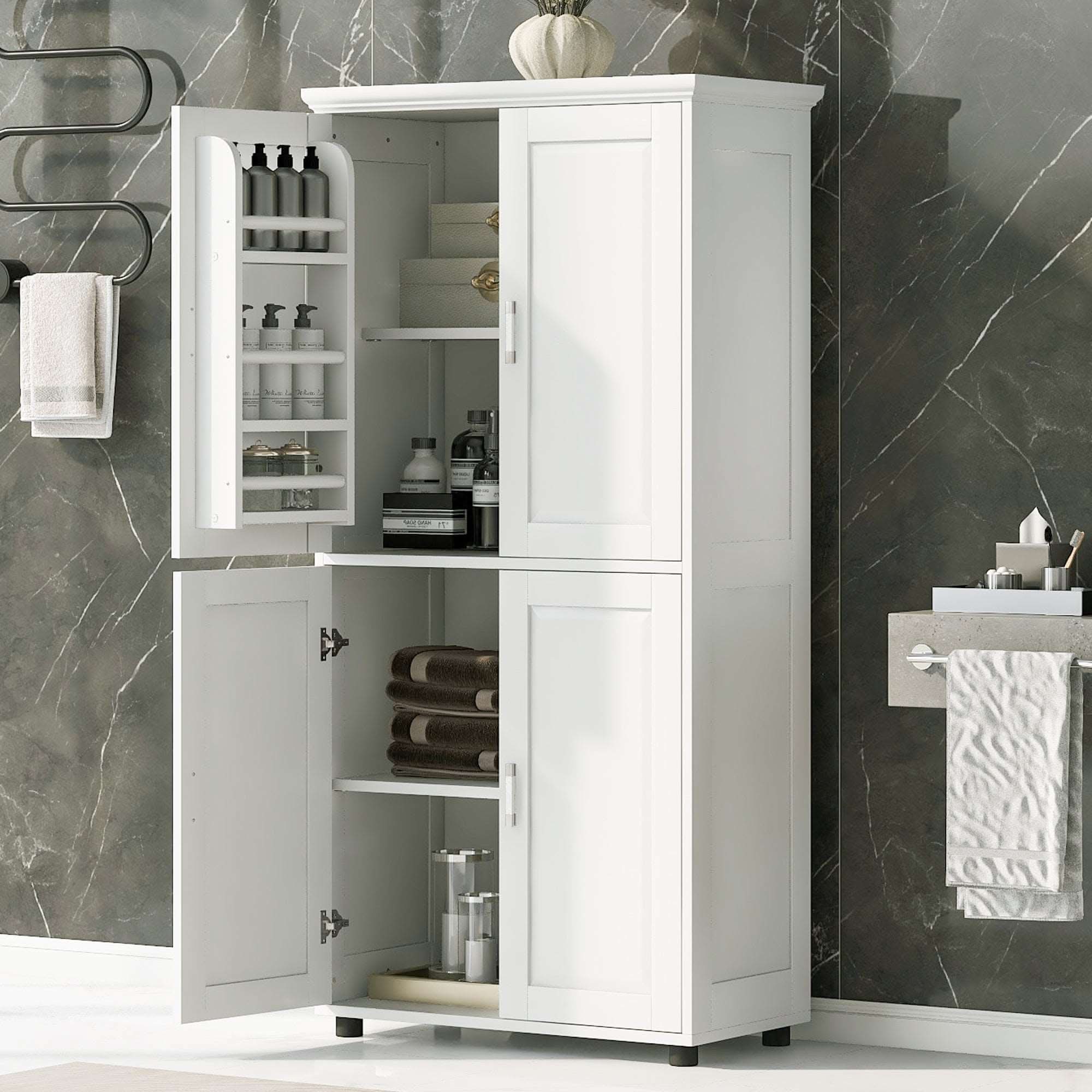 Tall white 62-inch bathroom floor cabinet with both upper and lower doors open, showing organized storage of towels, bottles, and baskets.