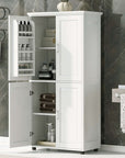 Tall white 62-inch bathroom floor cabinet with both upper and lower doors open, showing organized storage of towels, bottles, and baskets.