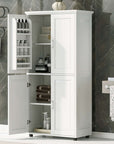 Tall white 62-inch bathroom floor cabinet with both upper and lower doors open, showing organized storage of towels, bottles, and baskets.