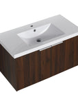 Top angled view of the 36 inch bathroom vanity in walnut with integrated resin sink and white metal handles.
