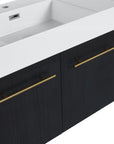 Close-up of 36 inch wall mounted bathroom vanity in black chestnut showing gold metal handles.