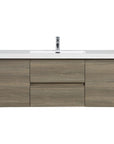 Front view of 59 inch vanity single sink featuring ash grey wood finish and integrated solid surface countertop | Ace Decor