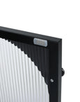 Close up of acrylic cabinet door with magnetic stop on AeroGrid Series bathroom vanity.