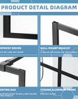 Product detail diagram of a 34 x 72 panel shower door showing waterproof design, wall bracket, support bar, and aluminum frame | Ace Decor