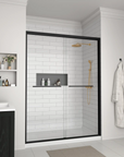 Bathroom view featuring 60 x 70 sliding doors for shower with black frame | Ace Decor