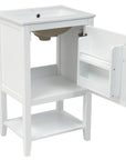 20-inch white bathroom freestanding vanity with door open showing built-in storage rack.