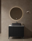 Flutia Series black bathroom vanity 30 inches styled in a modern bathroom setting.