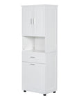 69.92” White Tall Bathroom Linen Cabinet with Open Shelves, Drawers & Laundry Basket