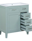30 inch green bathroom vanity with sink and three drawers open | Ace Decor