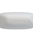 Top view showing spacious interior and centered drain in 67" white solid surface bathtub.