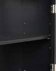 Close up of the adjustable shelves on the Norrin 67.3 inch black cabinet.