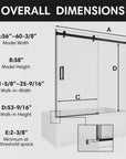 Matte black sliding bathtub door, frameless design, overall dimensions 60 x 58 inches.