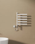 Modern white heated towel rail radiator with six flat bars in minimalist bathroom | Ace Decor