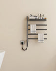 gray 18 x 27 heated towel rack with shelf and dual towel bars for modern home use | Ace Decor