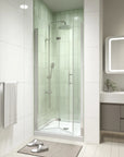 Bathroom installation view of the 32x72 frameless bi fold shower door in closed position | Ace Decor