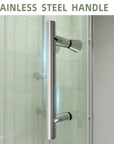 Stainless steel handle detail on the 32x72 frameless bi fold shower door | Ace Decor