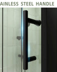 Stainless steel handle close-up on matte black small shower door | Ace Decor