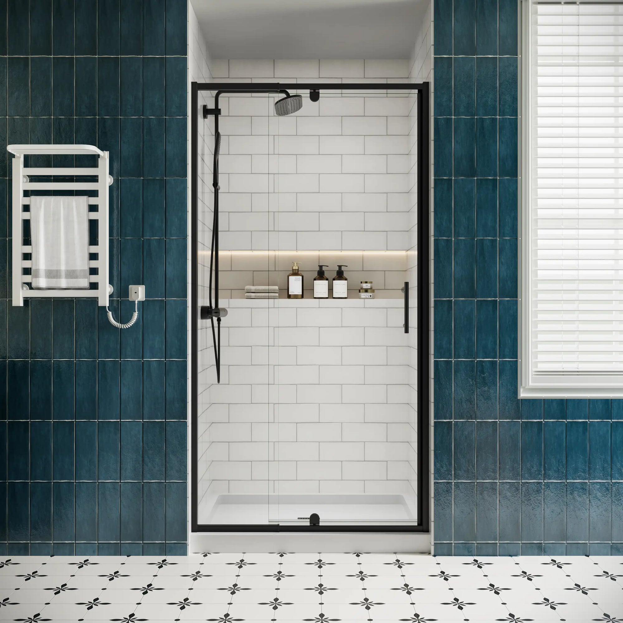 Front view of framed watertight shower enclosures, model size 32 x 72 with black frame and glass door | Ace Decor