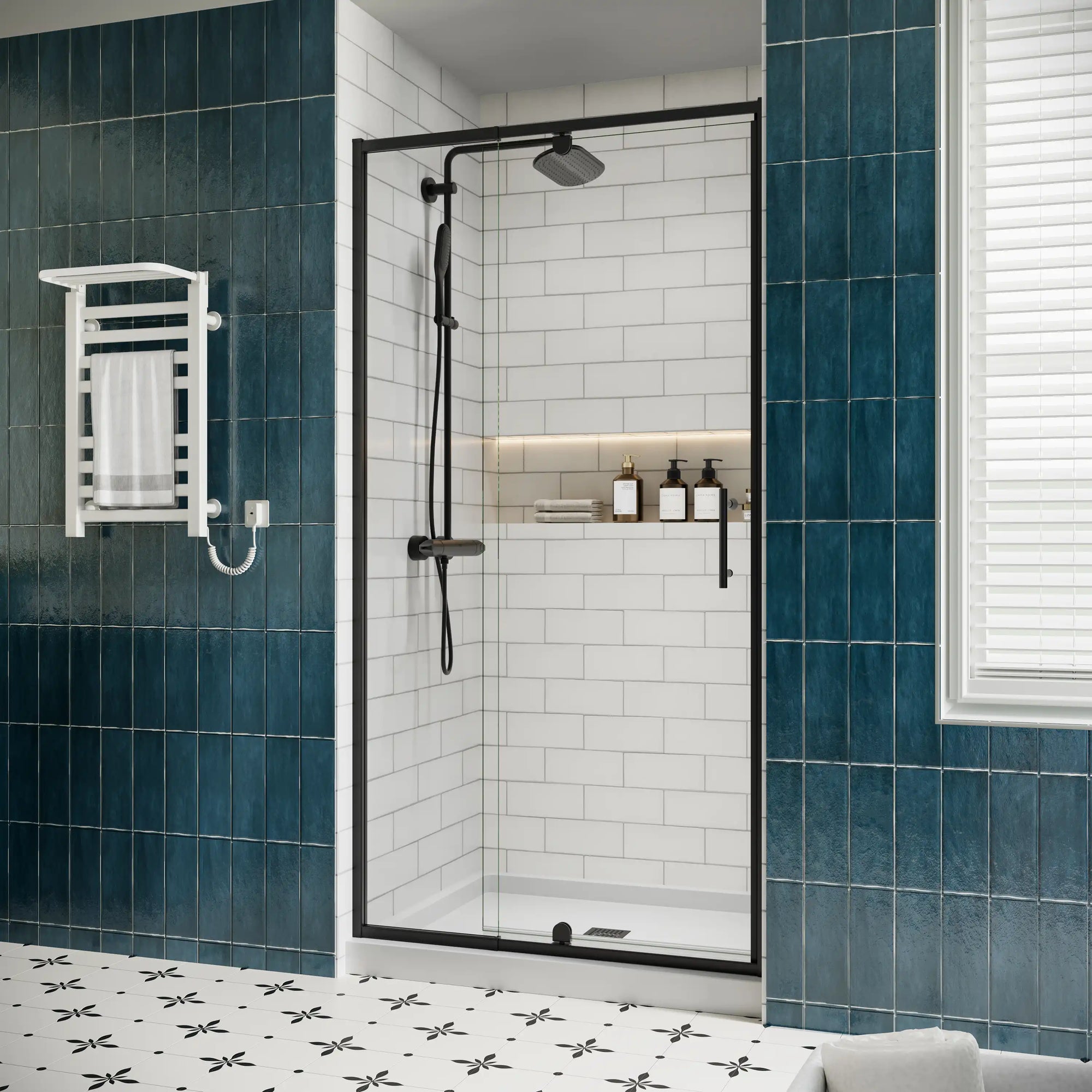 Side view of framed watertight shower enclosures, model size 32 x 72 with black frame and clear glass door | Ace Decor