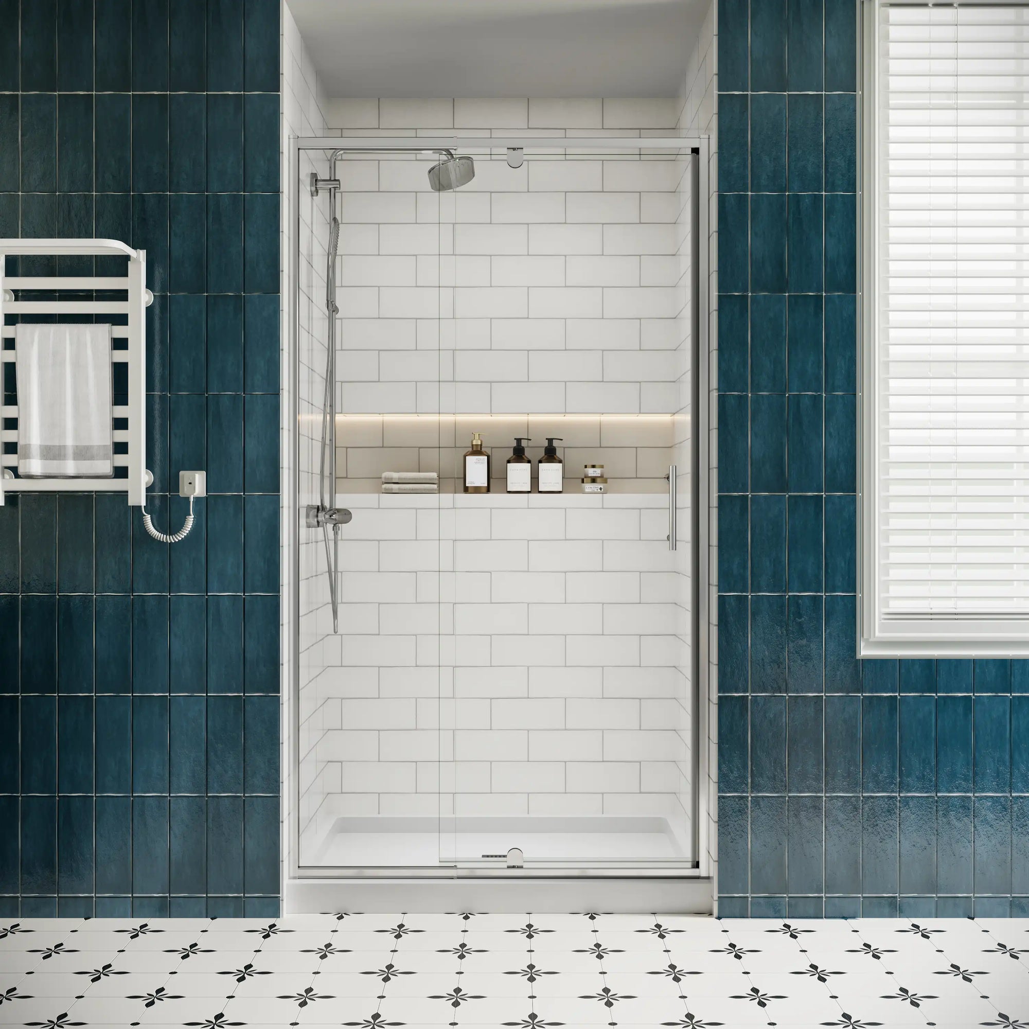 Front view of 36 x 72 pivot shower door with clear tempered glass in a modern tiled bathroom | Ace Decor