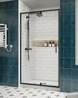 Side view of 36 x 72 36 pivot shower door with clear tempered glass and matte black frame in a modern bathroom | Ace Decor