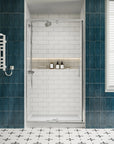 Front view of 36 x 72 pivot shower door with clear tempered glass in a modern tiled bathroom | Ace Decor