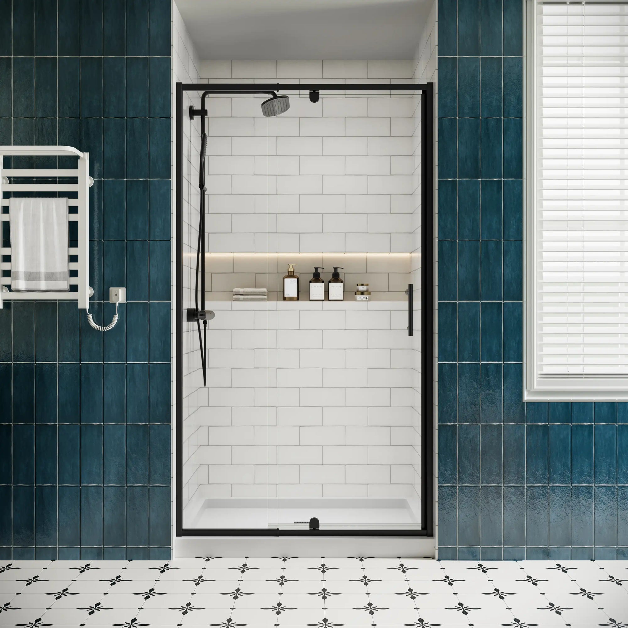 Front view of 36 x 72 36 pivot shower door with clear tempered glass and matte black frame in a modern bathroom | Ace Decor