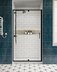 Front view of 36 x 72 36 pivot shower door with clear tempered glass and matte black frame in a modern bathroom | Ace Decor
