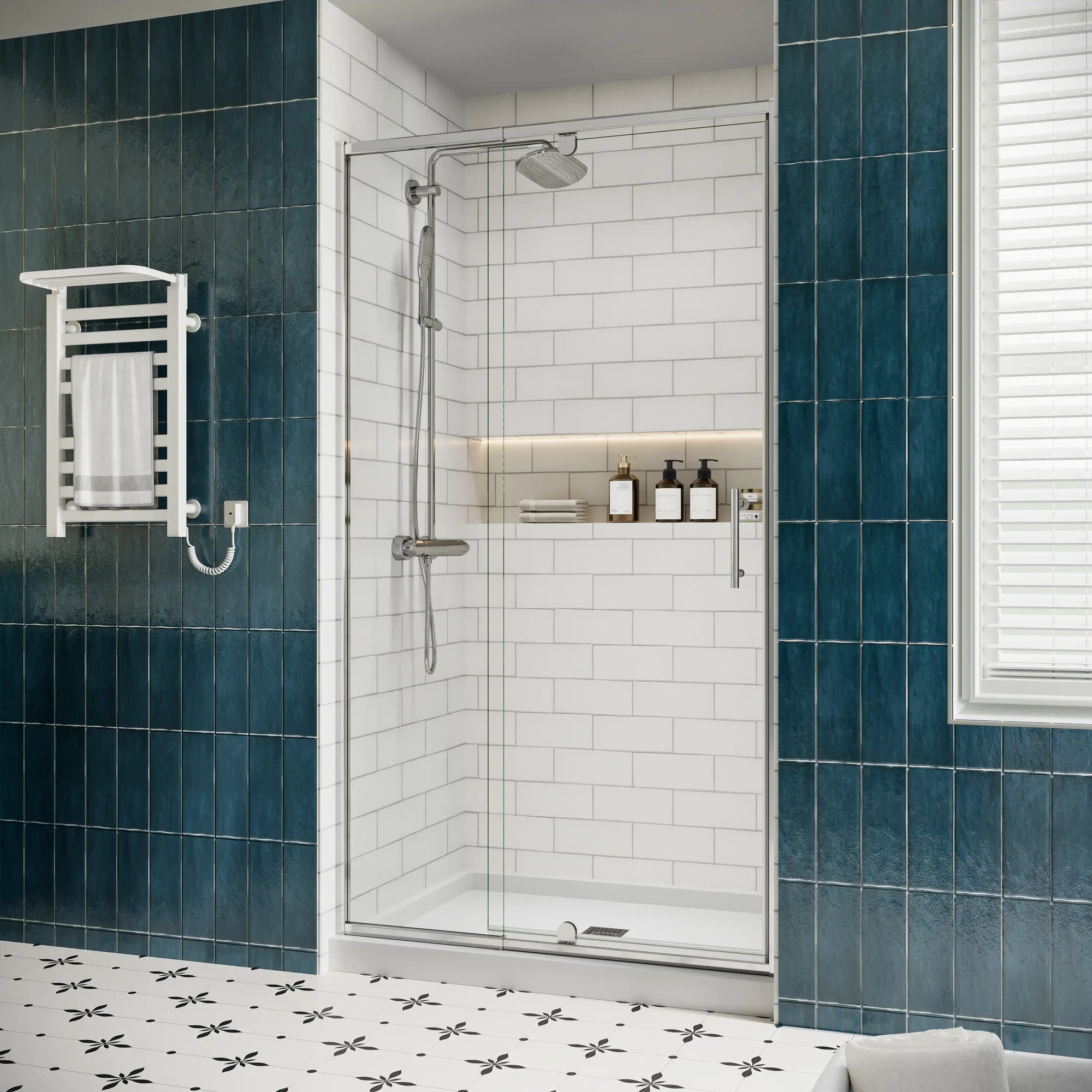 Side view of 36 x 72 pivot shower door with clear tempered glass in a modern bathroom interior | Ace Decor