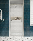 P103 Zerra Semi-Frameless Pivot Shower Door Closed in a Modern Bathroom.