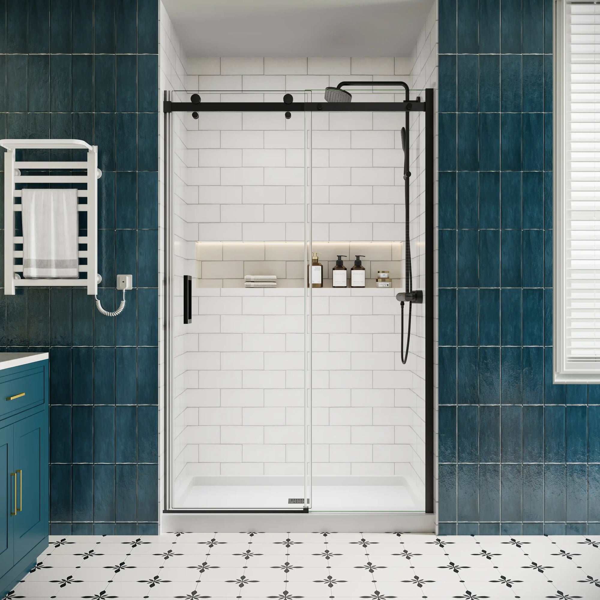 Frameless sliding shower screen, 48 x 74 inches, front view with tempered glass and modern design | Ace Decor