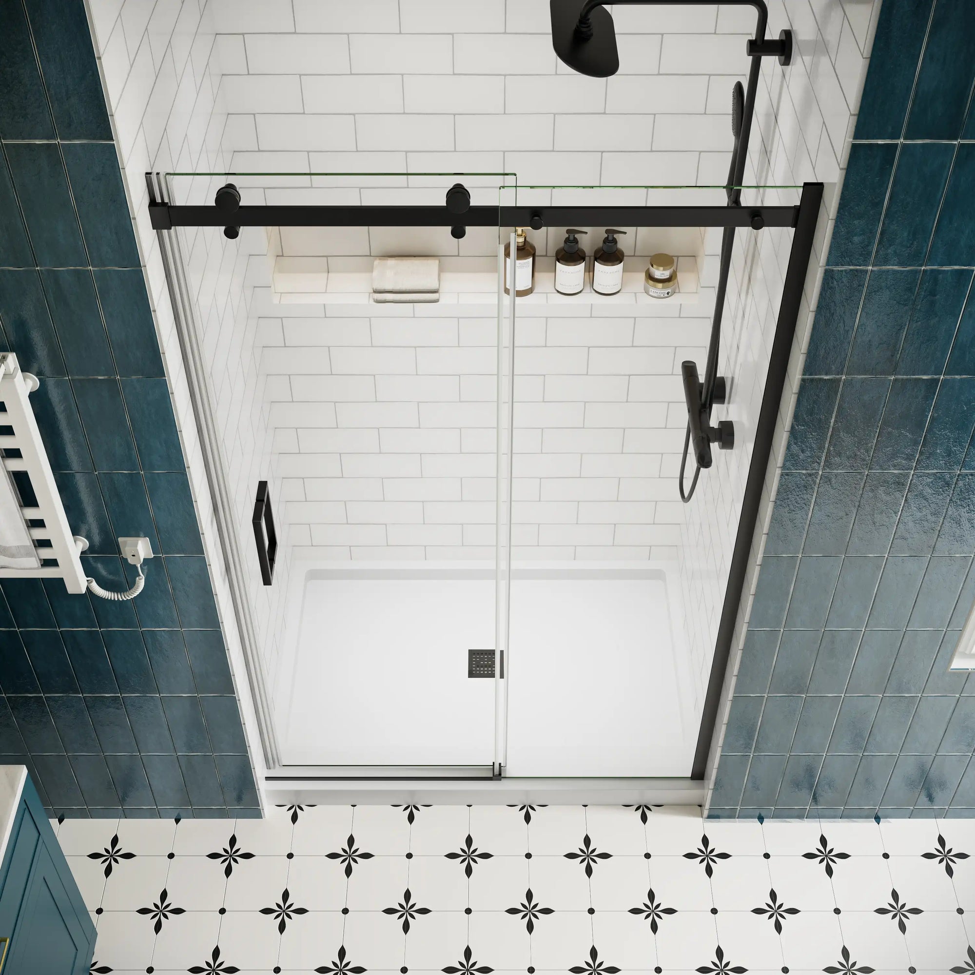 Frameless sliding shower screen, 48 x 74 inches, top view with tempered glass and modern design | Ace Decor