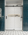 Lumora matte black semi-frameless sliding shower door with exposed rollers in a white subway-tile shower | Ace Decor