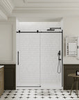 Modern bathroom with black frameless sliding shower door, size 60 x 74 | Ace Decor