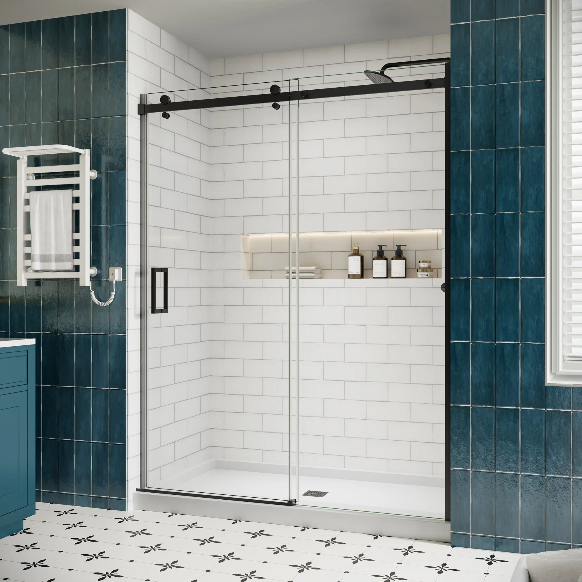 Side view of shower door sliding frameless, 60 x 74 inches, with matte black hardware and tempered glass | Ace Decor