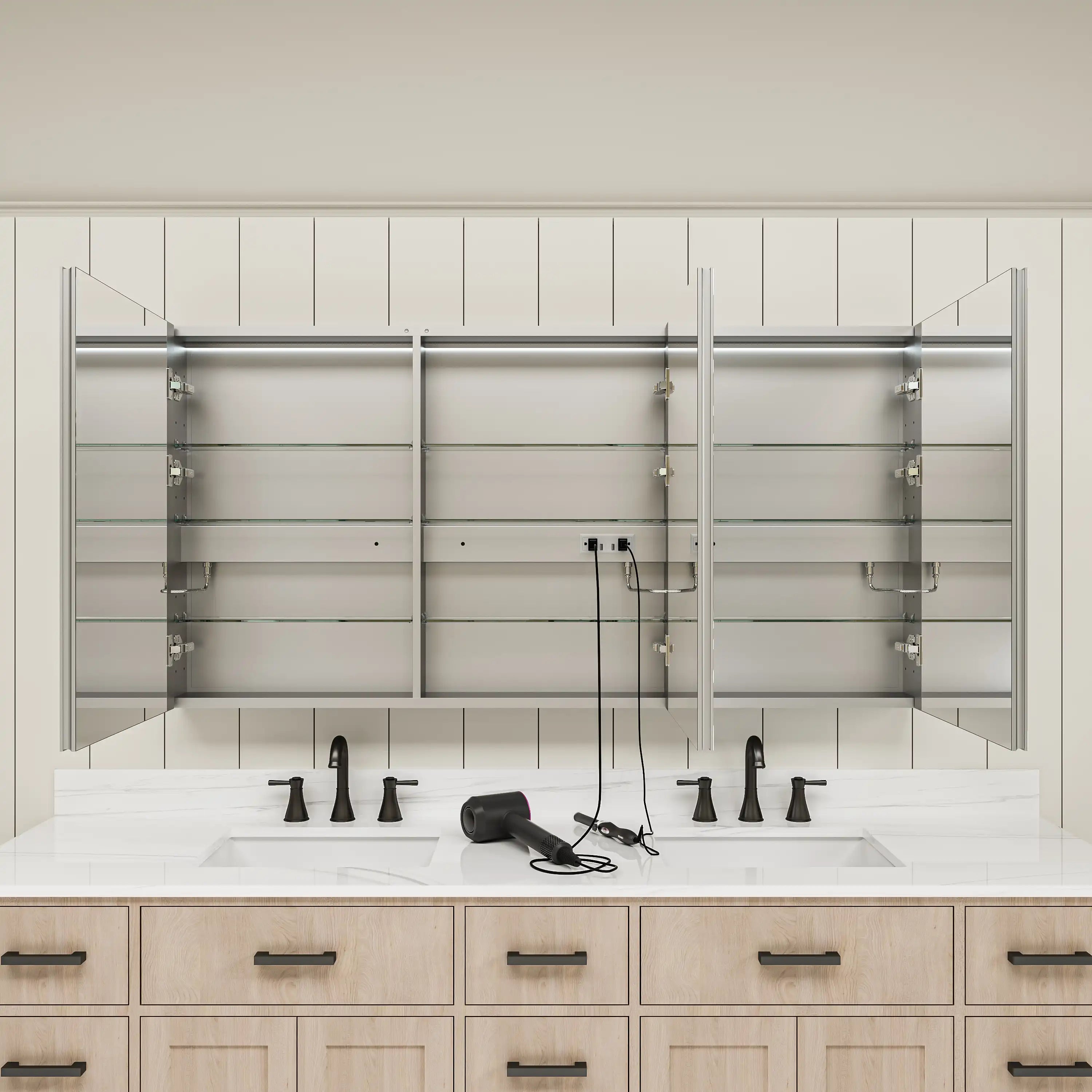 Three-door medicine cabinet open showing interior storage shelves