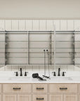 Three-door medicine cabinet open showing interior storage shelves