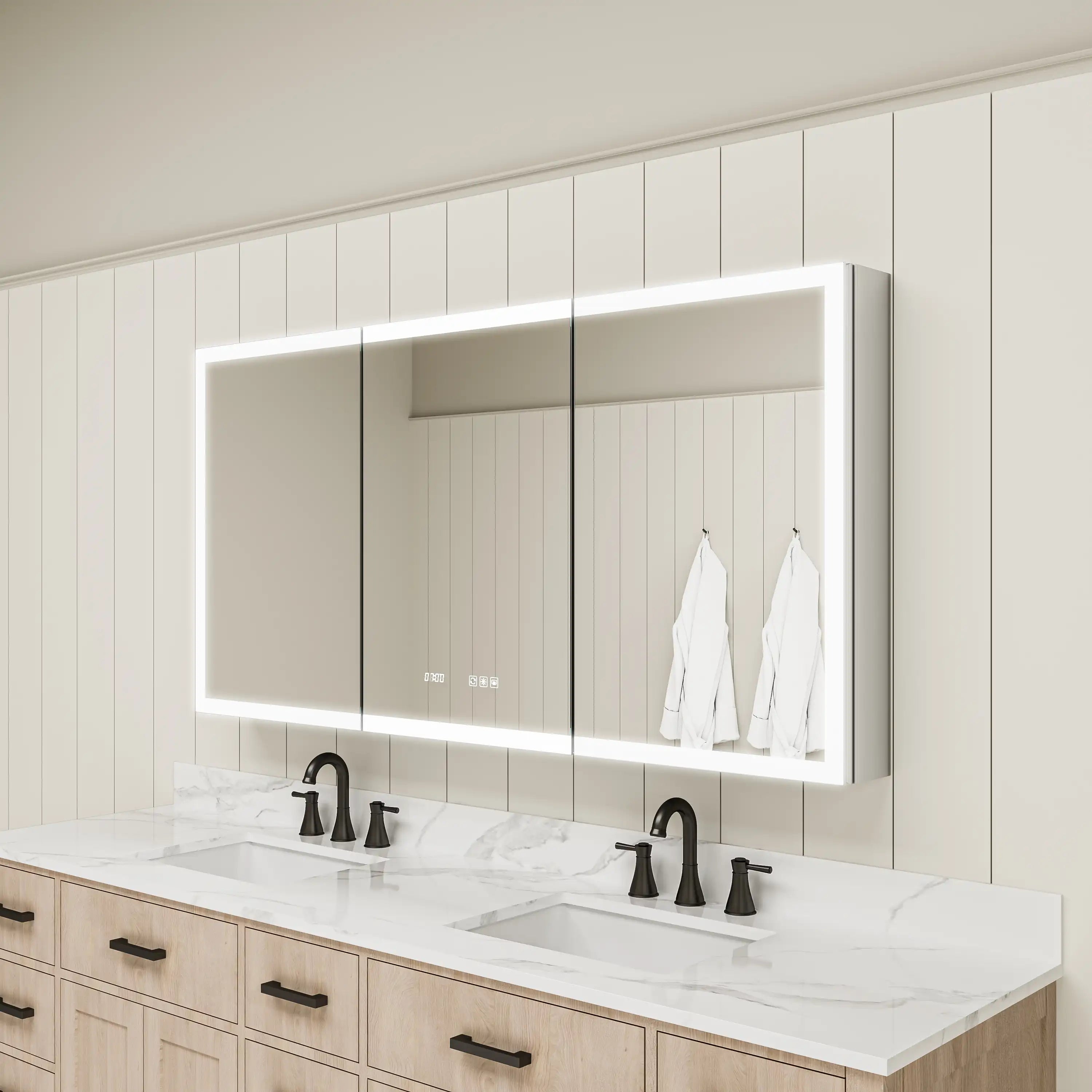 Three-door medicine cabinet side angle in bathroom wall scene