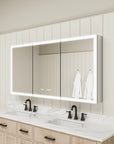 Three-door medicine cabinet side angle in bathroom wall scene