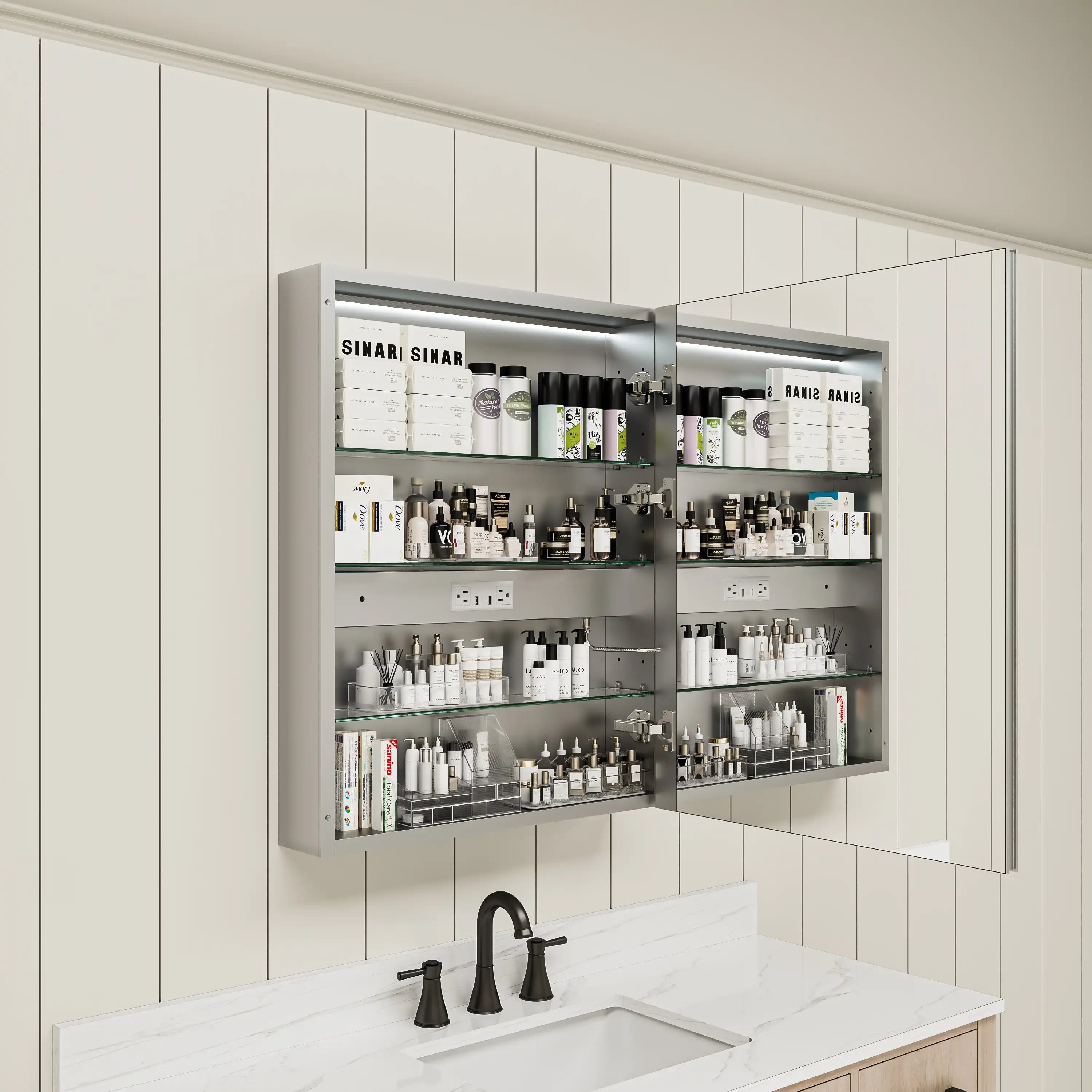 Single-door medicine cabinet with neatly organized bottles on glass shelves.