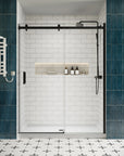 Lumora matte black semi-frameless sliding shower door with exposed rollers in a white subway-tile shower | Ace Decor