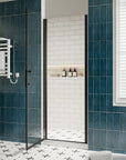 P103 Zerra Semi-Frameless Pivot Shower Door Open in a Modern Bathroom.