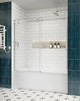 Side view of bathtub sliding glass doors frameless, chrome finish, size 60 x 58 inches | Ace Decor