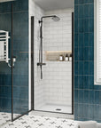P103 Zerra Semi-Frameless Pivot Shower Door Open in a Modern Bathroom.