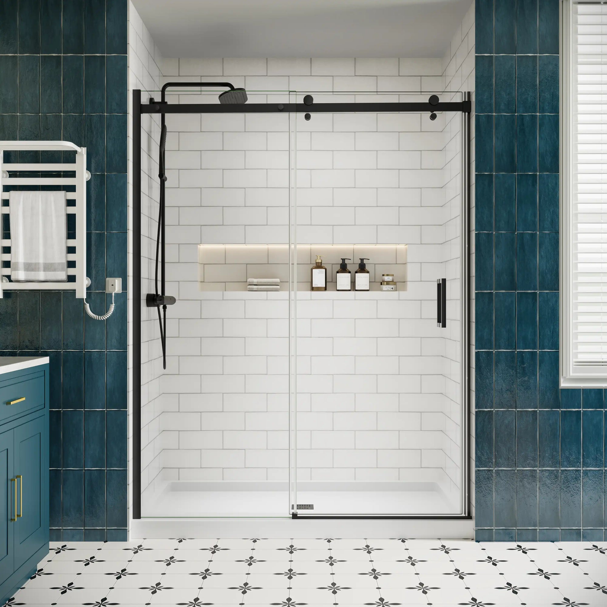 Front view of shower door sliding frameless, 60 x 74 inches, modern bathroom installation with matte black hardware | Ace Decor