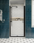 P103 Zerra Semi-Frameless Pivot Shower Door Closed in a Modern Bathroom.